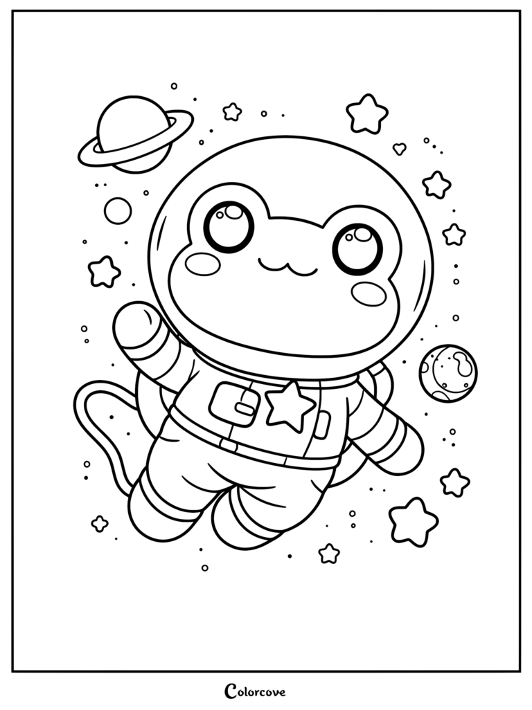 A kawaii frog wearing an astronaut suit floating in space with planets and stars in this printable coloring page.
