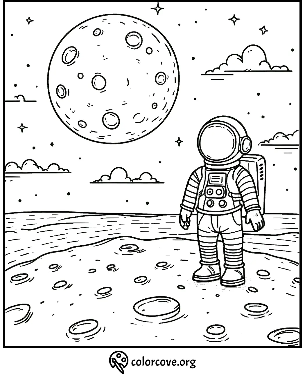 Astronaut on moon coloring page with stars, clouds, and moon in the background for kids to color.