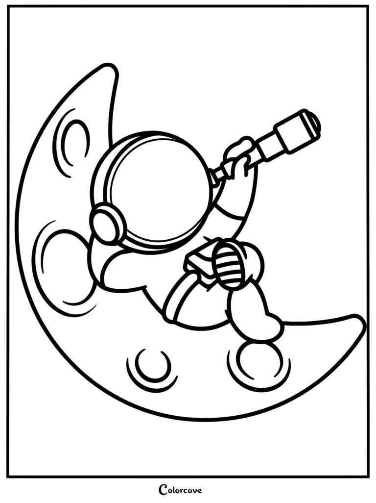 A cute astronaut in a space suit sitting on a crescent moon using a telescope in this printable coloring page.