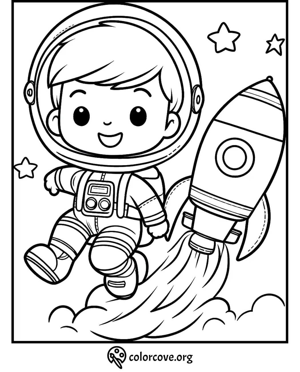 Cute astronaut coloring page: child in spacesuit floating near rocket in space with stars. Kid-friendly space adventure.