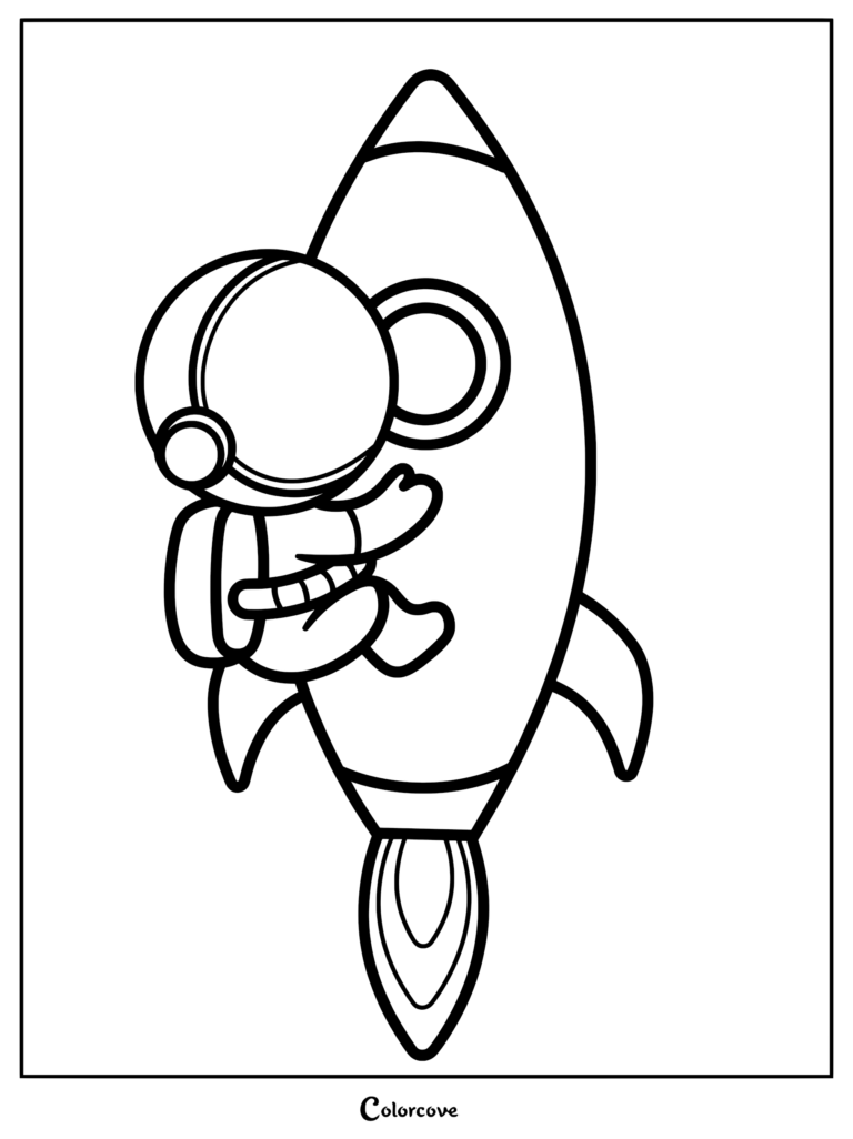 A cute astronaut in a space suit hugging a rocket ship in this printable coloring page.