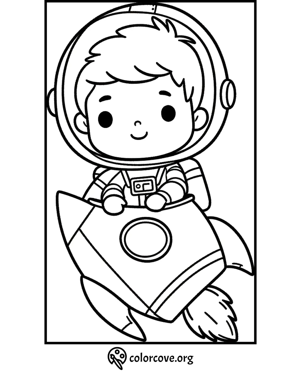 Cute astronaut coloring page with a child in a spacesuit riding a rocket, ready for kids to color and enjoy.