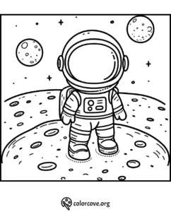 Kid's astronaut coloring page showing a child in a spacesuit standing on the moon with stars and planets in the background.