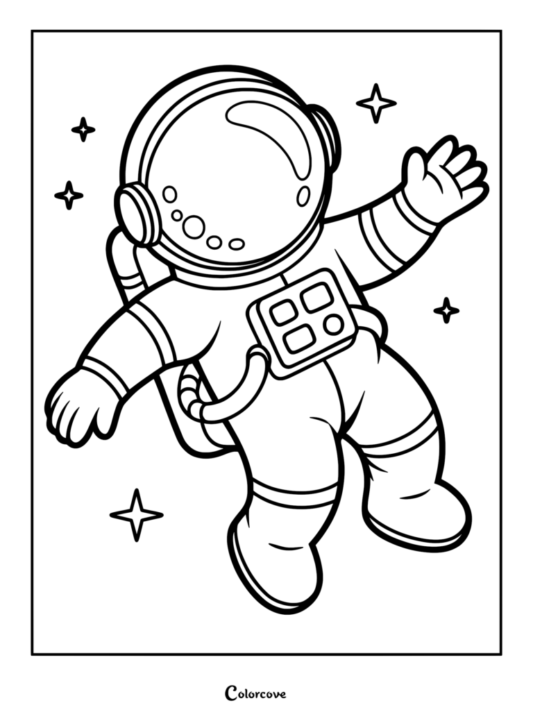 A friendly astronaut waving while floating in space, featured in a simple line art coloring page with stars.