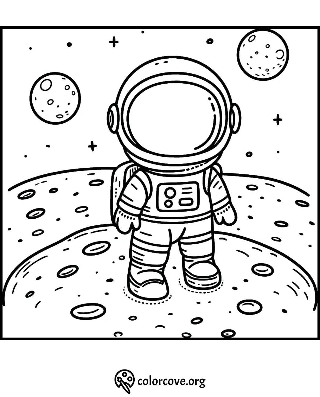 Kid's astronaut coloring page showing a child in a spacesuit standing on the moon with stars and planets in the background.