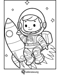 Adorable astronaut coloring page: Kid in a spacesuit holding rocket, with stars in the background. Fun space-themed activity.