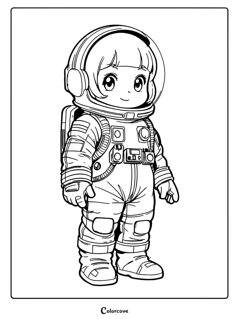A cute chibi girl wearing a detailed space suit and helmet in this printable coloring page.