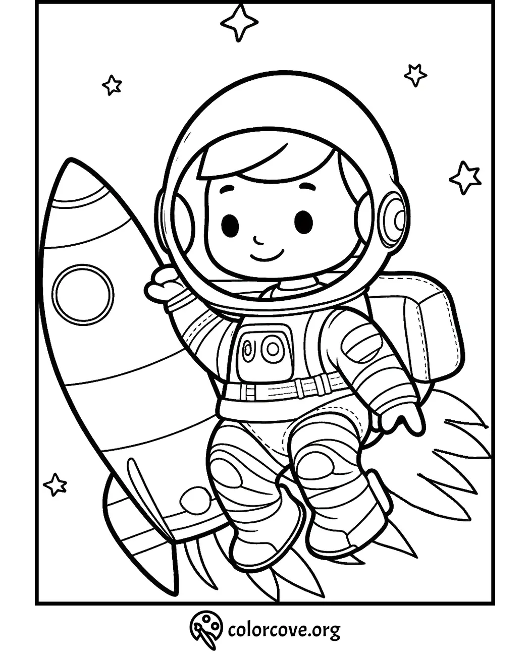 Adorable astronaut coloring page: Kid in a spacesuit holding rocket, with stars in the background. Fun space-themed activity.