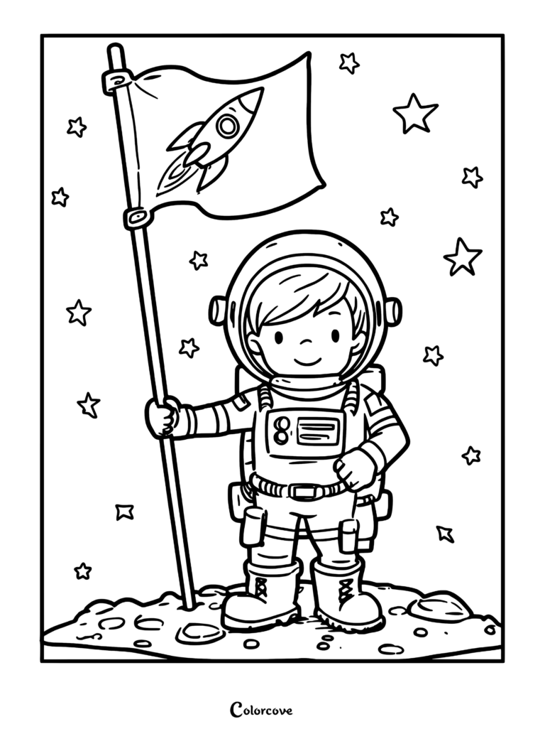 A cute astronaut in a space suit holding a flag with a rocket ship design on the moon, stars in the background, printable coloring page.