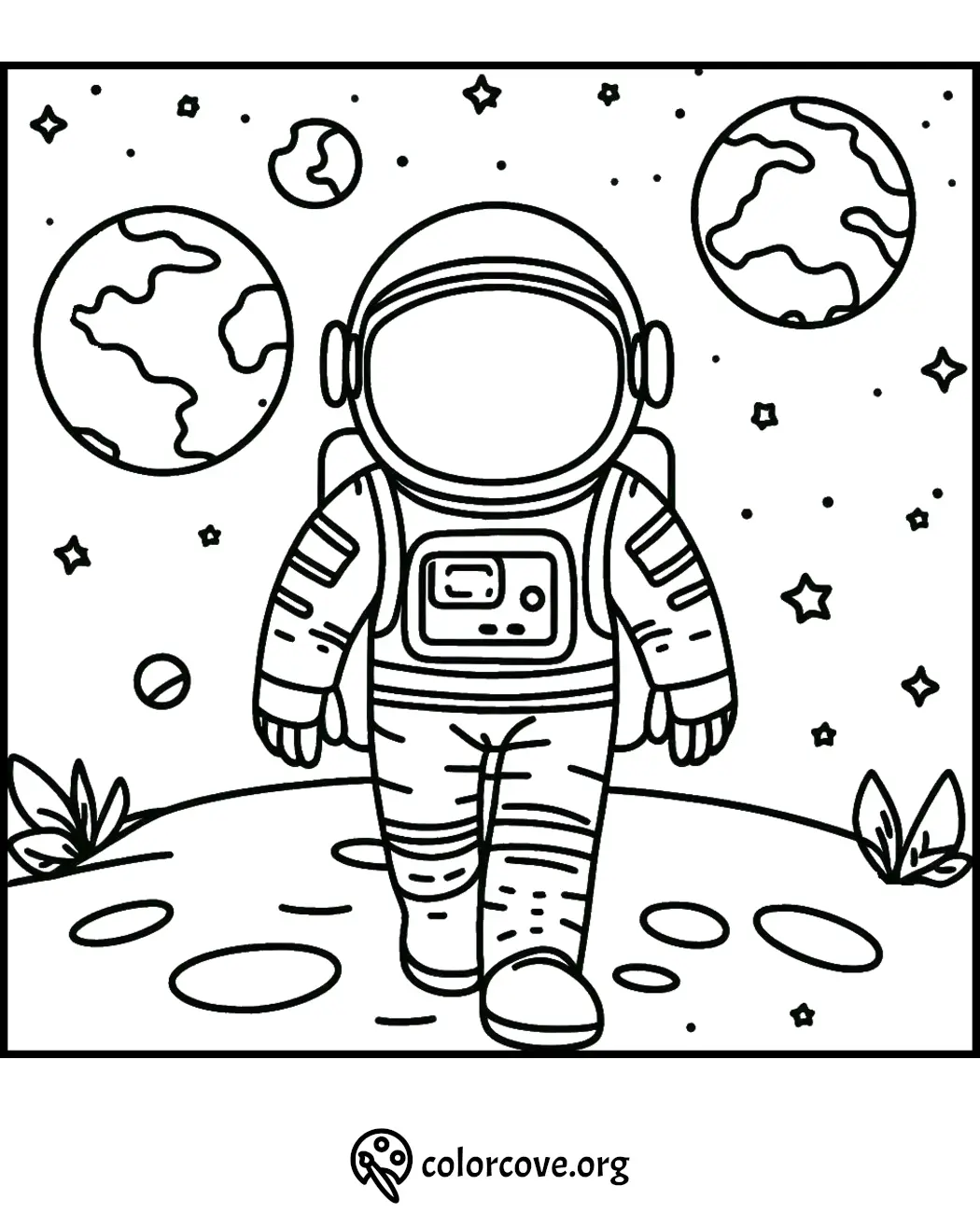 Coloring page of an astronaut walking on a moon-like surface with stars and planets in the background from colorcove.org.