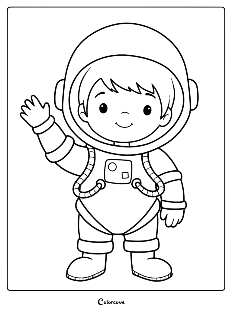 A friendly cartoon astronaut in a space suit waving hello, coloring page for kids.