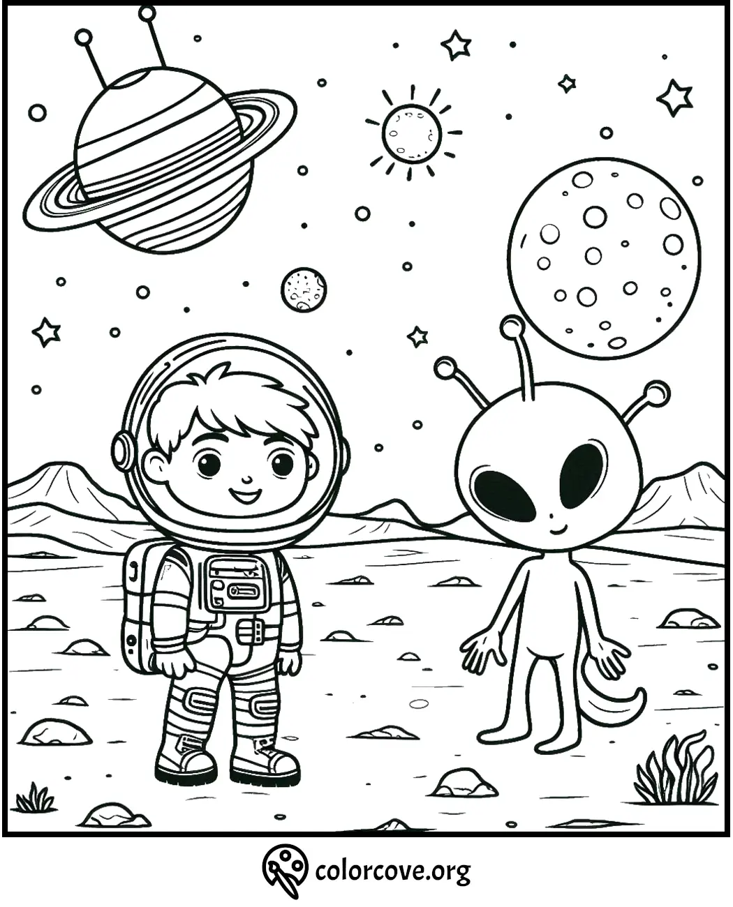 Cute astronaut and alien coloring page for kids featuring stars, planets, and space scene. Ideal for creative fun.