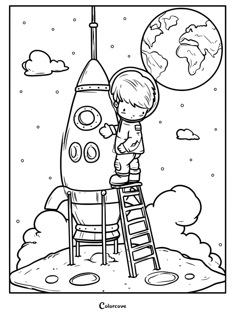 A cute chibi astronaut child standing on a ladder to repair a rocket ship on the moon surface with Earth in the background, printable coloring page.