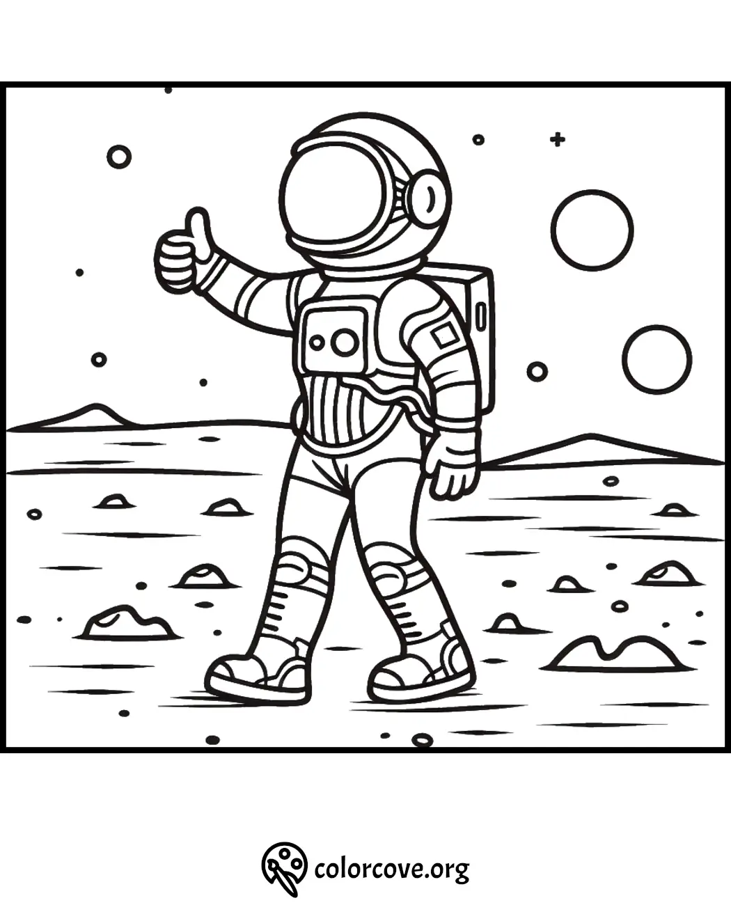 Astronaut coloring page: Space explorer gives thumb-up on lunar surface with stars and planets in background. Ideal for kids.