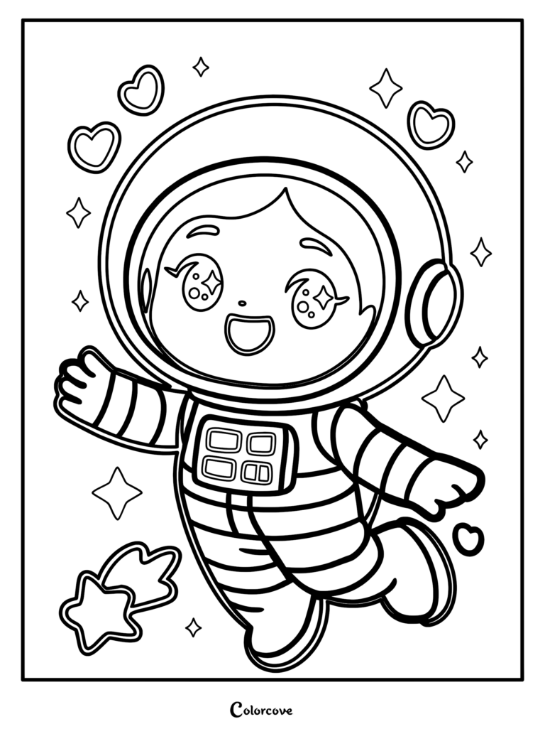 A cute chibi astronaut floating in space surrounded by hearts and stars in this printable coloring page.