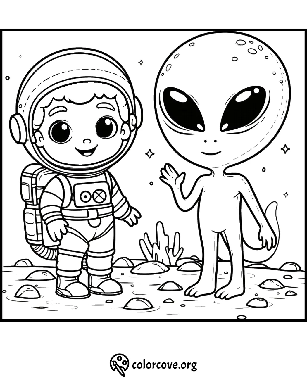 Coloring page of a smiling astronaut and friendly alien on a planet's surface, with stars in the background.