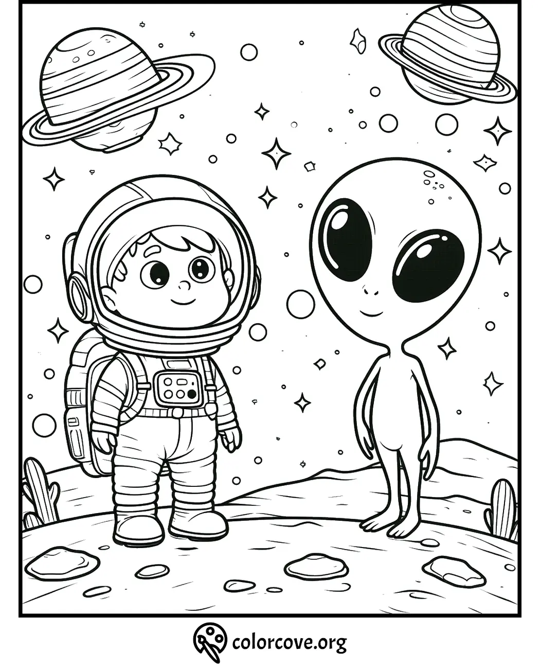 Alien and astronaut coloring page featuring stars and planets in outer space. Perfect for kids' creative activities.