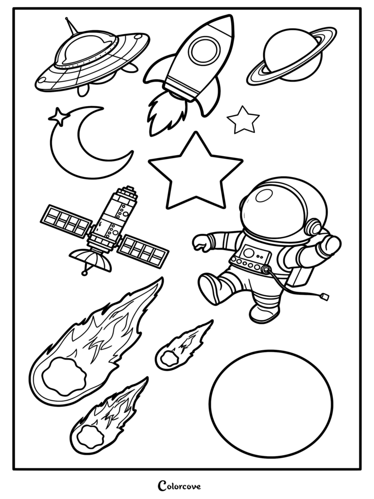Astronaut floating in space with a rocket, UFO, satellite, planets, stars, and meteors in this printable coloring page.