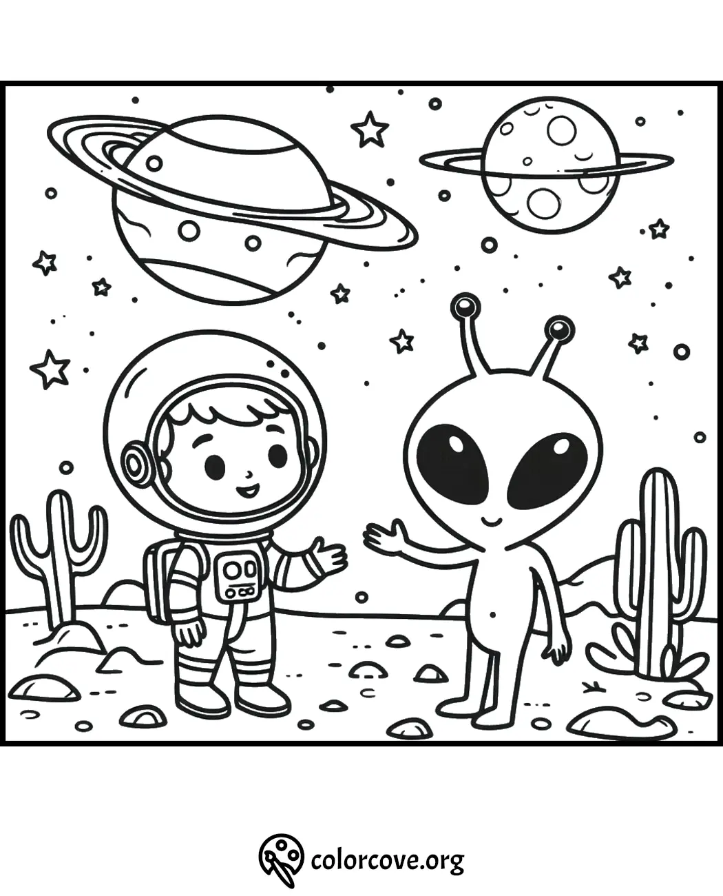 Child astronaut meets alien on desert planet with stars and planets in the sky. Coloring page for kids at colorcove.org.