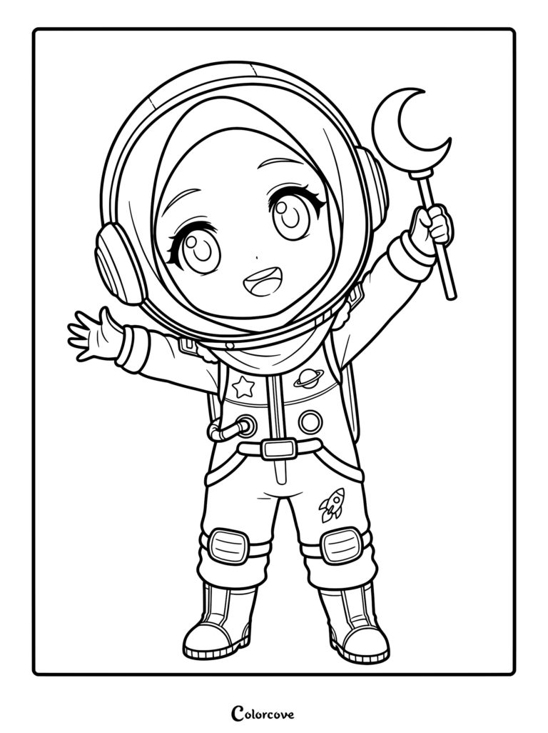 A cute chibi girl astronaut wearing a hijab and space suit holding a crescent moon wand in this printable coloring page.