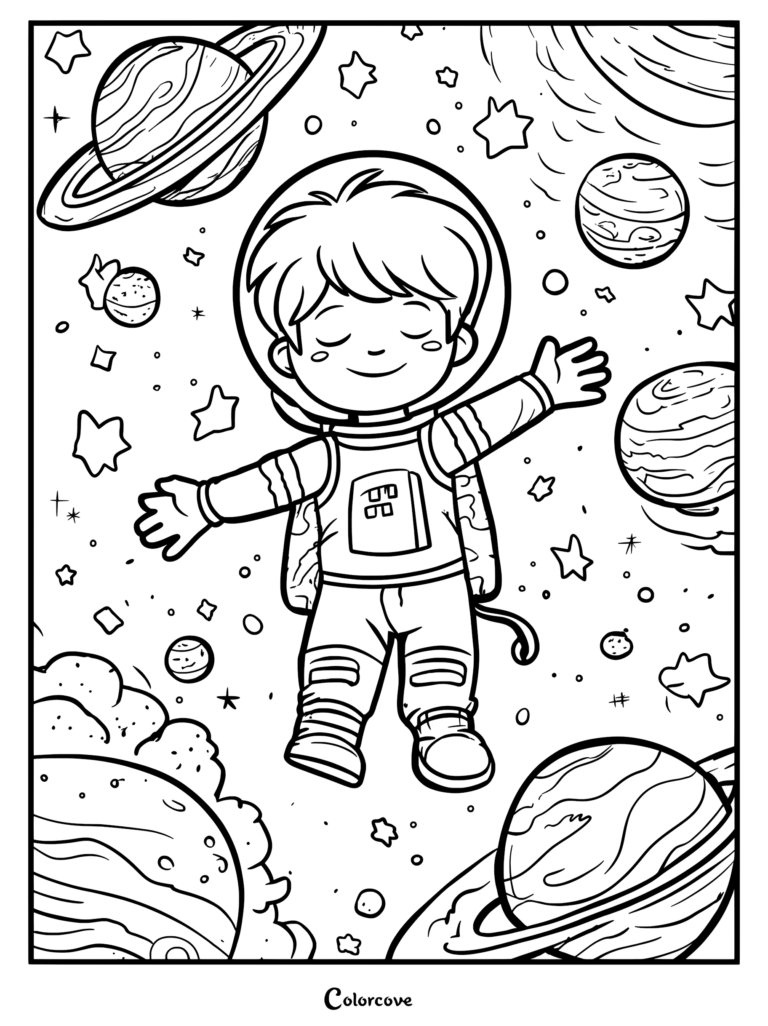 A young astronaut floating in space with arms outstretched, surrounded by planets, stars, and cosmic clouds in this printable coloring page.