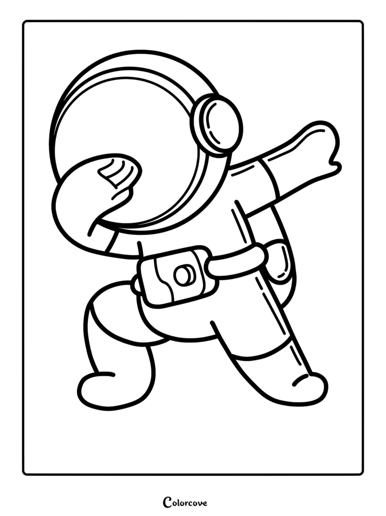 A simple line art coloring page of an astronaut performing a dabbing pose with a space suit and utility belt.