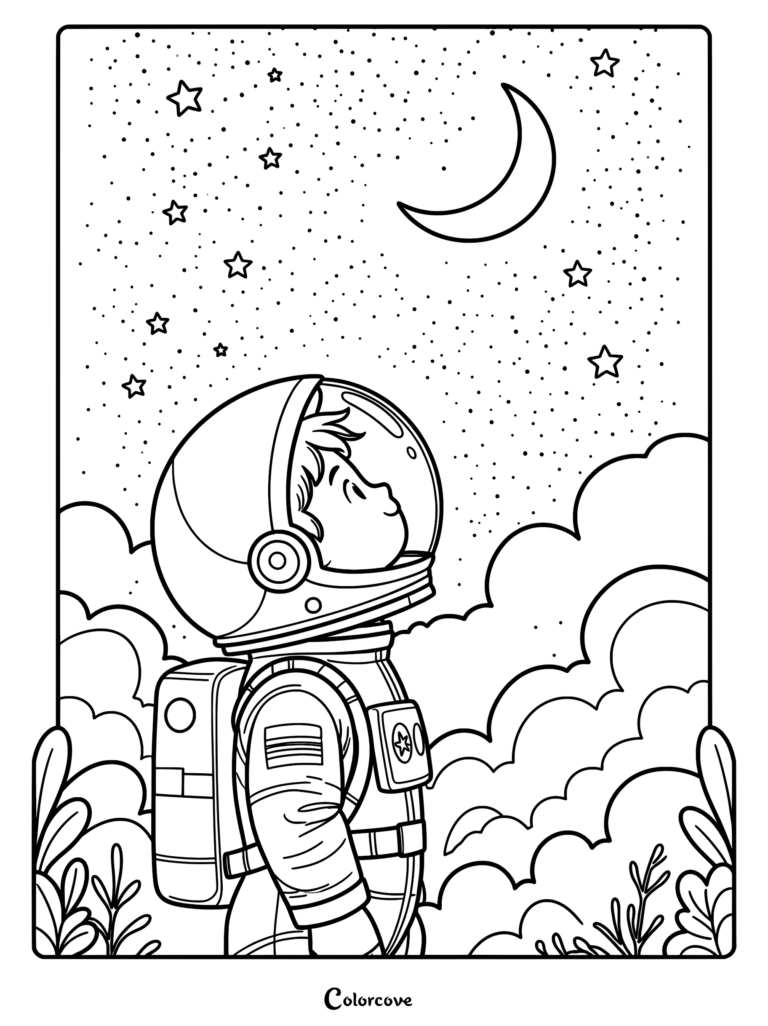 A young astronaut in a space suit looking up at a crescent moon and stars in a starry sky, coloring page.