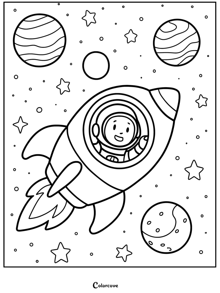 A happy astronaut waving from inside a rocket ship, surrounded by planets and stars in this space-themed coloring page.