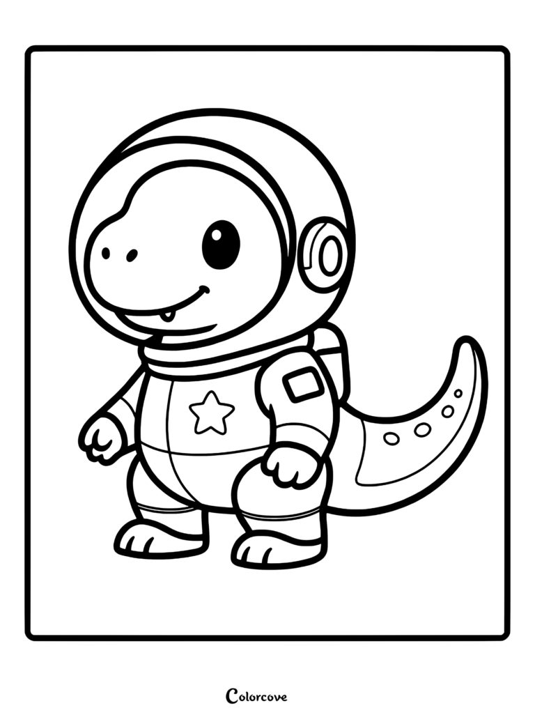 A cute cartoon dinosaur wearing a space suit with a star emblem on this printable coloring page.
