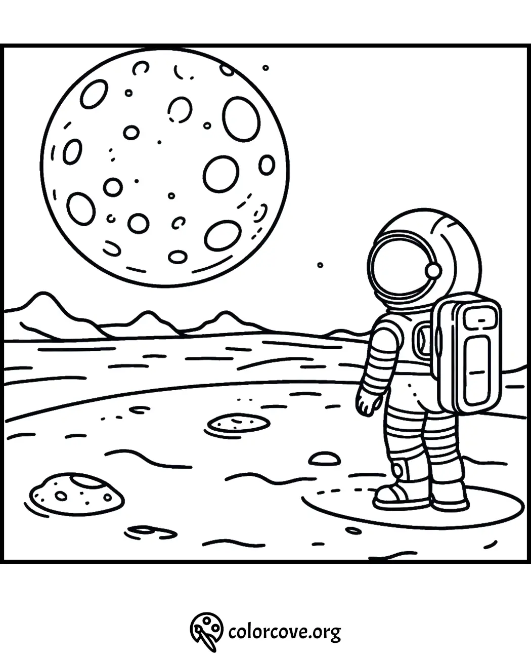 Astronaut on the moon surface coloring page, featuring a large moon in the starry sky and lunar landscape.