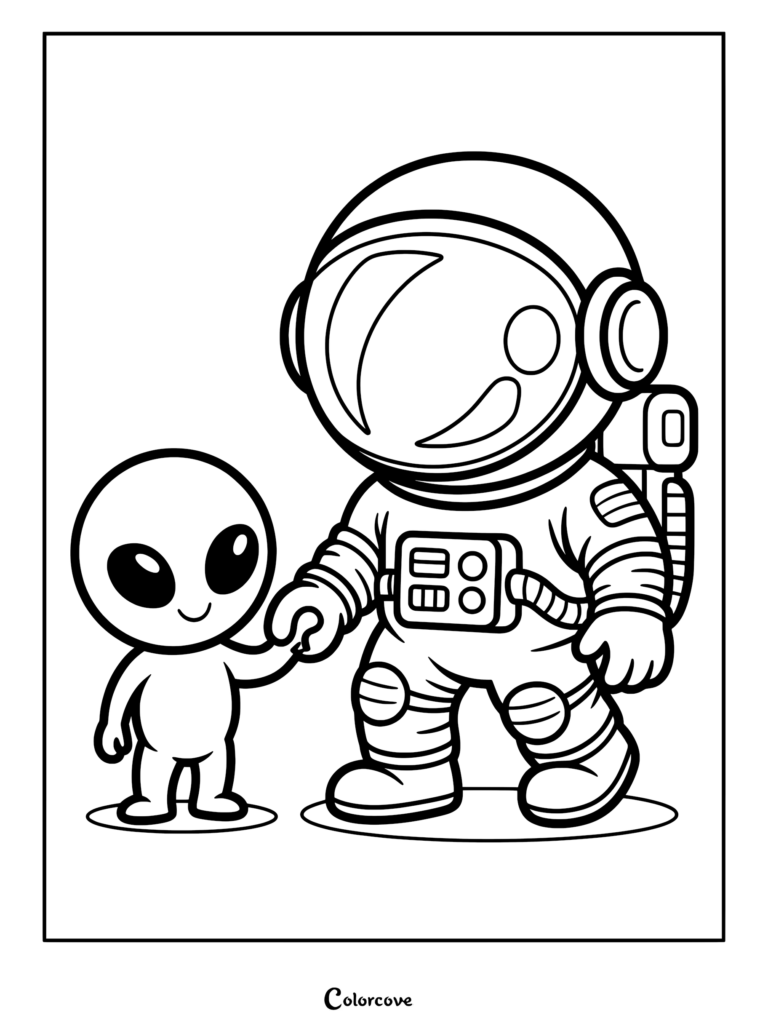 A friendly astronaut in a space suit holding hands with a small cute alien in this printable coloring page.