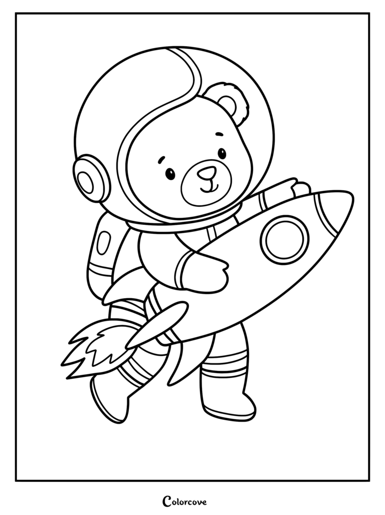A cute teddy bear astronaut wearing a space helmet and suit holding a small rocket ship in this printable coloring page.