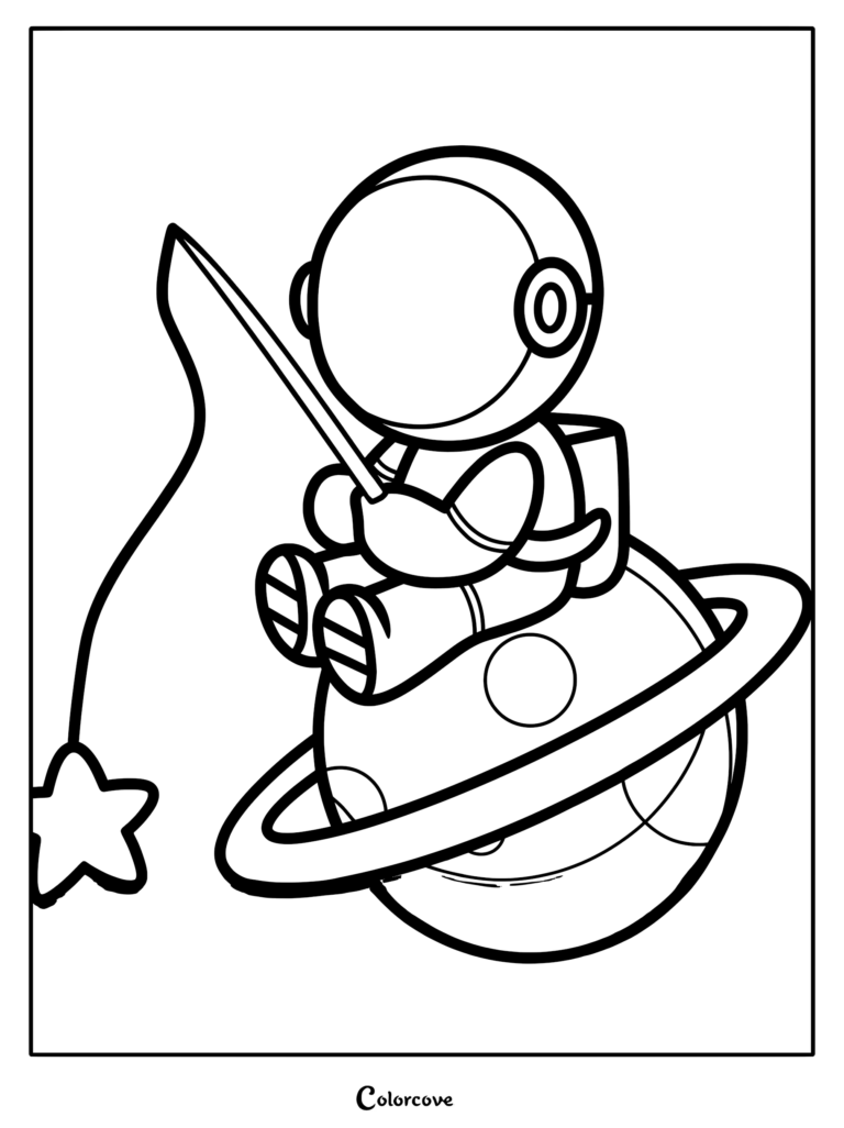 A cute astronaut sitting on a ringed planet fishing for a star in this printable coloring page.