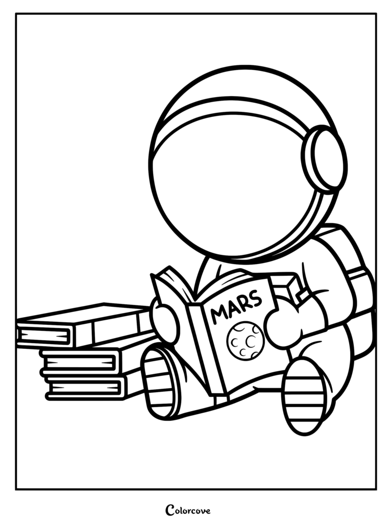 A cute chibi astronaut sitting on the floor reading a book titled Mars next to a stack of books in this printable coloring page.