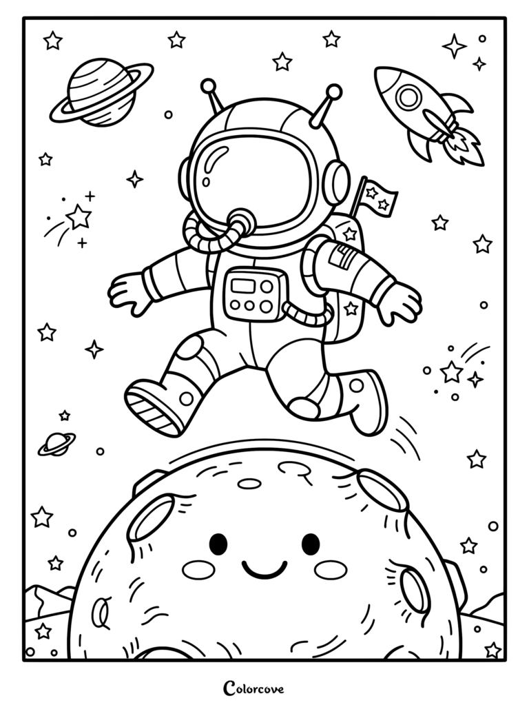 A cute astronaut floating above a smiling moon with a rocket ship and Saturn in the background of this printable coloring page.