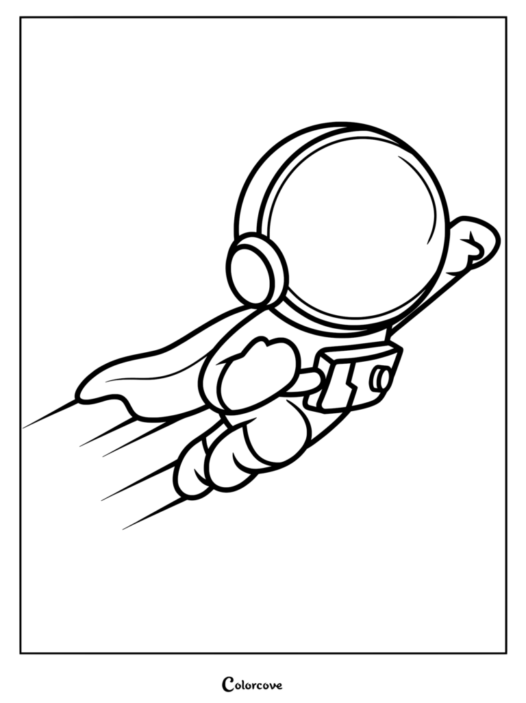 A cartoon astronaut wearing a cape and flying through space in this printable coloring page.