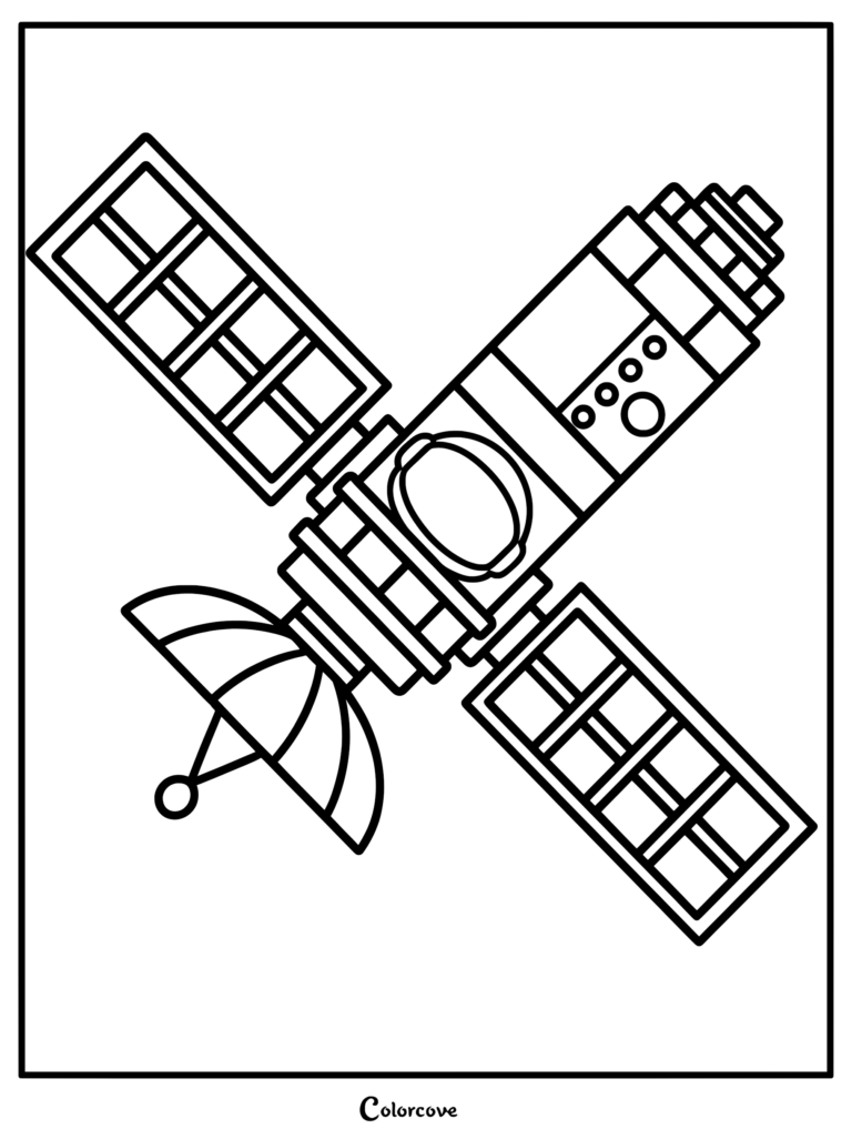 A simple line art coloring page of an orbiting space satellite with solar panels and a communication dish.
