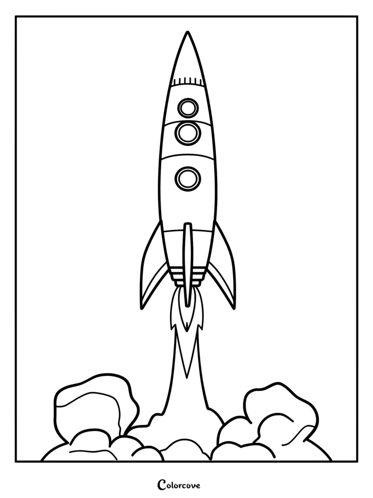 A simple line art coloring page of a rocket ship blasting off with smoke clouds at the base.