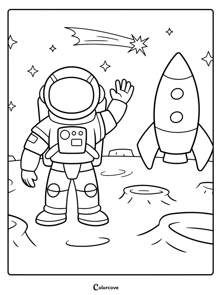 A friendly astronaut in a space suit waving on the moon surface next to a rocket ship with a shooting star in the background coloring page