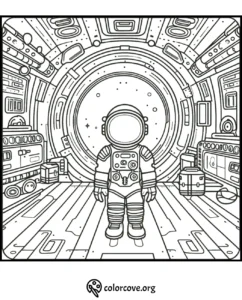 Coloring page of an astronaut standing in a detailed spacecraft interior, featuring control panels and equipment.