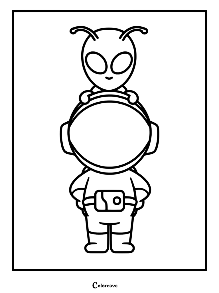 A cute astronaut standing with a small alien perched on their helmet in this printable coloring page.