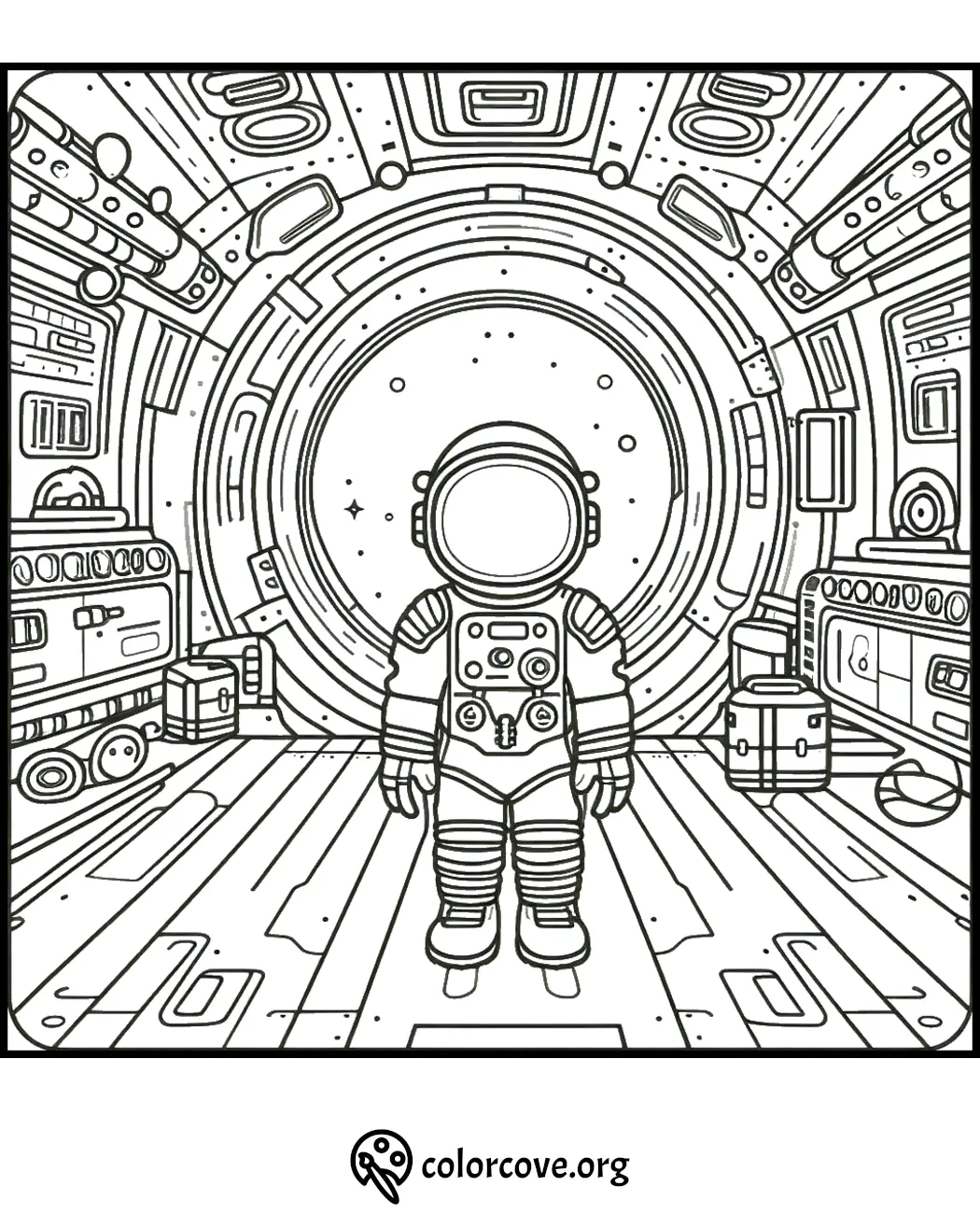 Coloring page of an astronaut standing in a detailed spacecraft interior, featuring control panels and equipment.