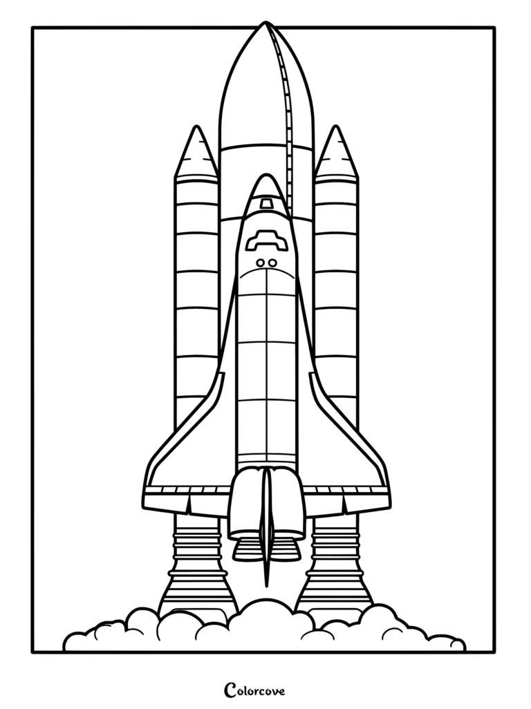 A detailed line art coloring page of a space shuttle launching with solid rocket boosters and thick clouds of smoke at the base.