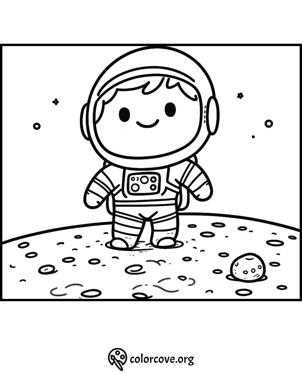 Coloring page featuring a cute astronaut standing on the moon with stars in the background, ready for kids to color.