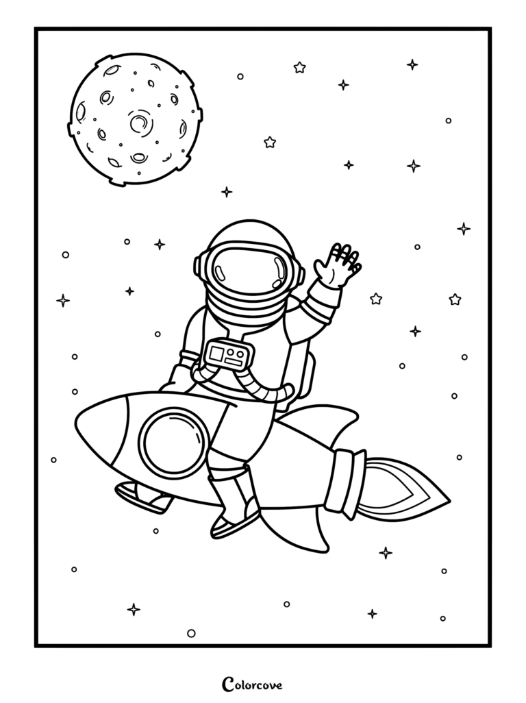 A friendly astronaut in a spacesuit waving while riding a rocket ship past a cratered moon, printable coloring page.