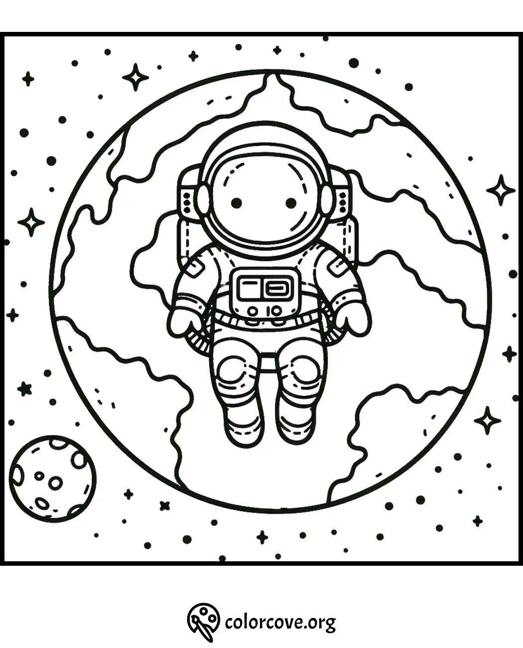 Coloring page of an astronaut in space with a planet and stars in the background. Free printable by colorcove.org.