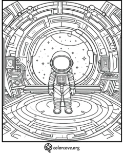 Astronaut coloring page: Space explorer stands in a spacecraft with detailed control panels, stars visible outside the window.