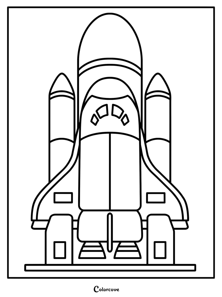 A simple line art coloring page of a space shuttle with two side boosters standing on a launch pad.
