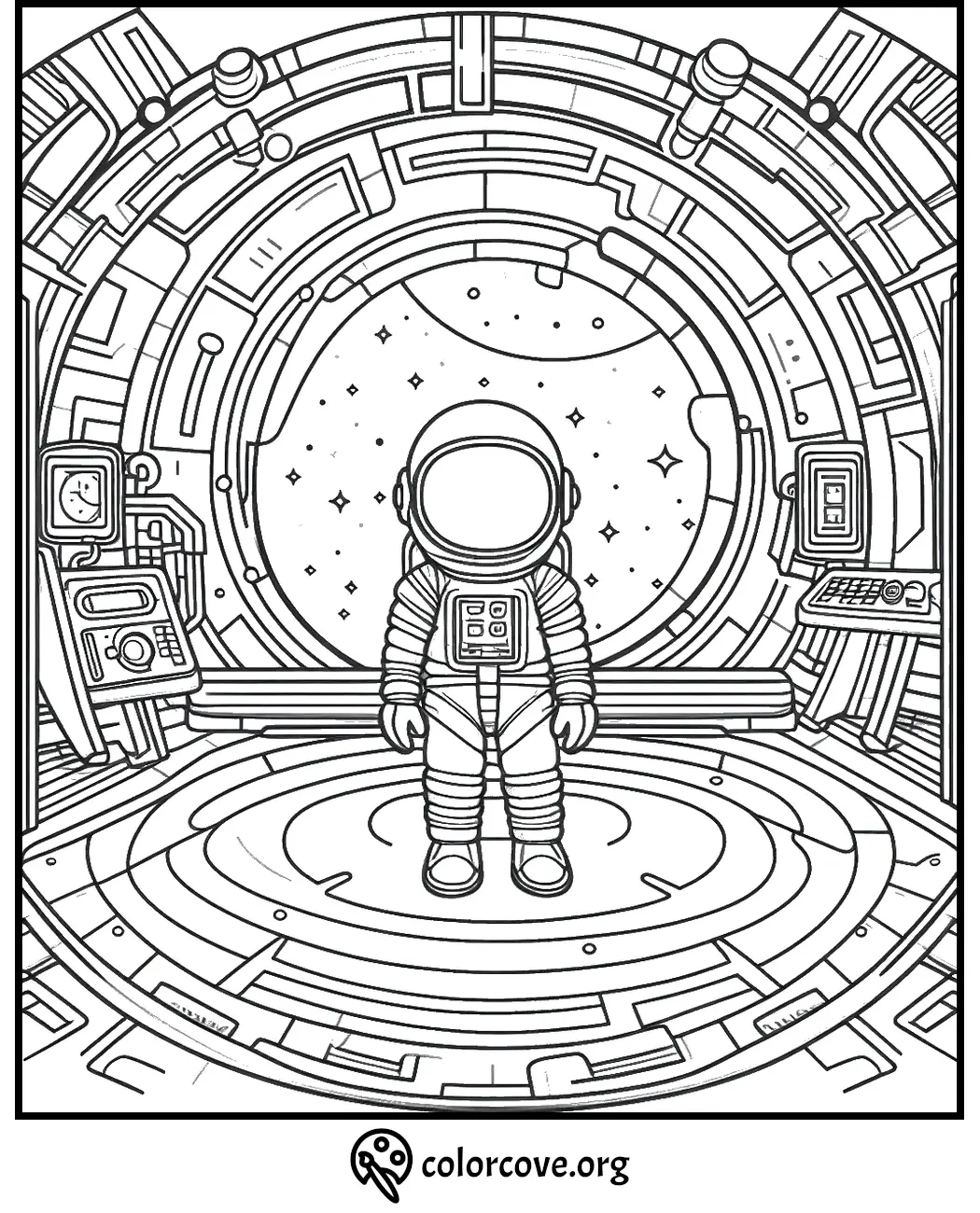 Astronaut coloring page: Space explorer stands in a spacecraft with detailed control panels, stars visible outside the window.