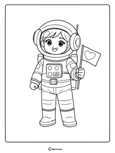 A smiling chibi astronaut in a space suit holding a small flag with a heart symbol, line art coloring page.